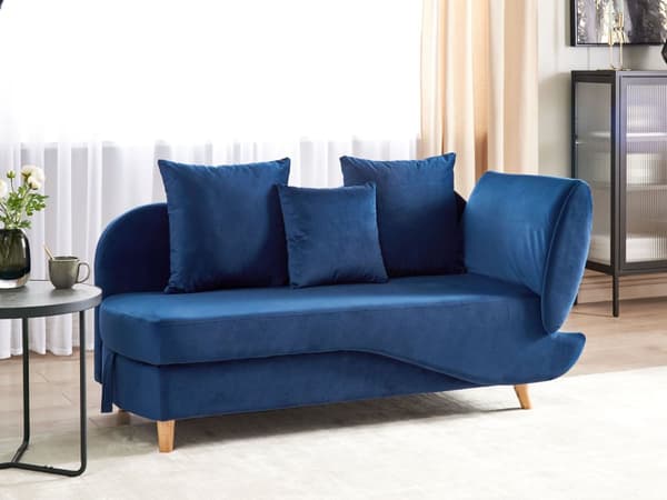 Chaiselong Blå Velour Lyst Træben 2 Personers Blød Polstret Hjørnesofa Daybed med Opbevaring Stue Retro Rygpuder Tilbehør Inspiration