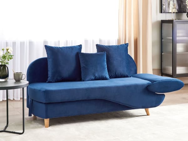 Chaiselong Blå Velour Lyst Træben 2 Personers Blød Polstret Hjørnesofa Daybed med Opbevaring Stue Retro Rygpuder Tilbehør Inspiration