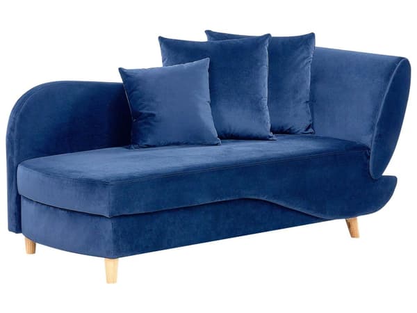 Chaiselong Blå Velour Lyst Træben 2 Personers Blød Polstret Hjørnesofa Daybed med Opbevaring Stue Retro Rygpuder Tilbehør Inspiration