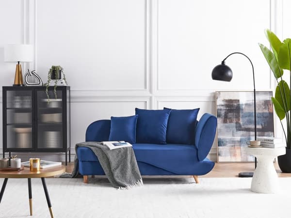 Chaiselong Blå Velour Lyst Træben 2 Personers Blød Polstret Hjørnesofa Daybed med Opbevaring Stue Retro Rygpuder Tilbehør Inspiration
