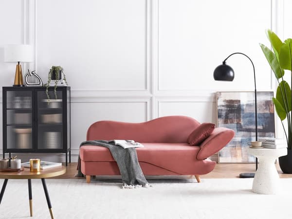 Chaiselong Lyserød Velour Lyst Træben 2 Personers Blød Polstret Hjørnesofa Daybed med Opbevaring Stue Retro Rygpuder Tilbehør Inspiration