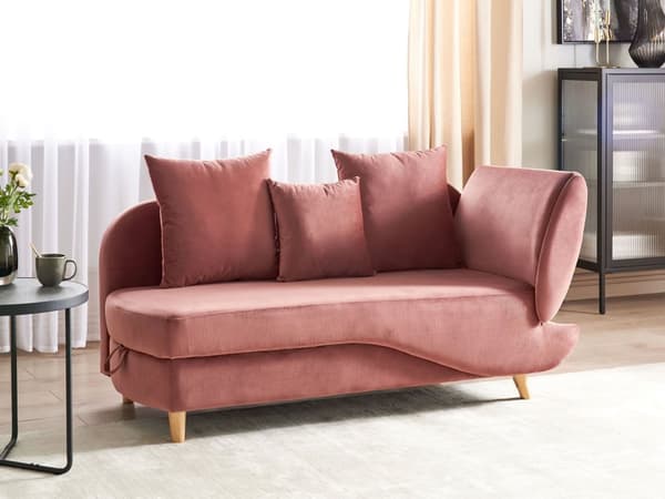 Chaiselong Lyserød Velour Lyst Træben 2 Personers Blød Polstret Hjørnesofa Daybed med Opbevaring Stue Retro Rygpuder Tilbehør Inspiration