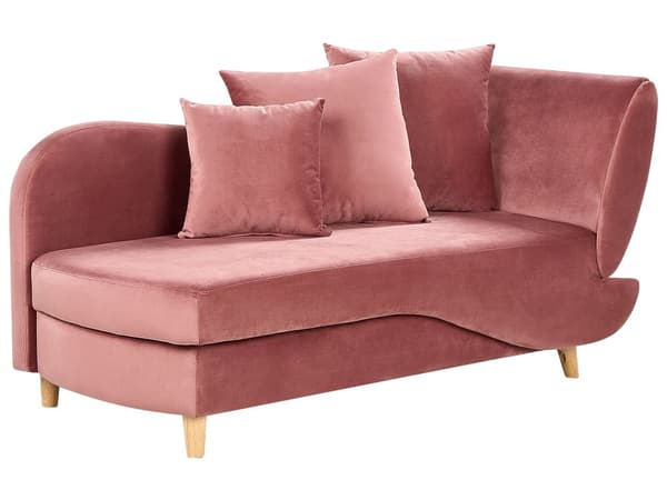 Chaiselong Lyserød Velour Lyst Træben 2 Personers Blød Polstret Hjørnesofa Daybed med Opbevaring Stue Retro Rygpuder Tilbehør Inspiration