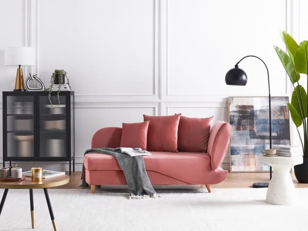 Chaiselong Lyserød Velour Lyst Træben 2 Personers Blød Polstret Hjørnesofa Daybed med Opbevaring Stue Retro Rygpuder Tilbehør Inspiration