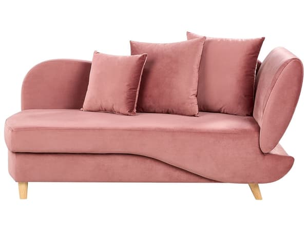 Chaiselong Lyserød Velour Lyst Træben 2 Personers Blød Polstret Hjørnesofa Daybed med Opbevaring Stue Retro Rygpuder Tilbehør Inspiration