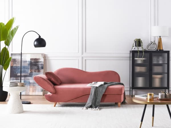 Chaiselong Lyserød Velour Lyst Træben 2 Personers Blød Polstret Hjørnesofa Daybed med Opbevaring Stue Retro Rygpuder Tilbehør Inspiration