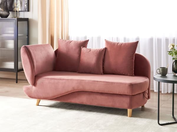 Chaiselong Lyserød Velour Lyst Træben 2 Personers Blød Polstret Hjørnesofa Daybed med Opbevaring Stue Retro Rygpuder Tilbehør Inspiration