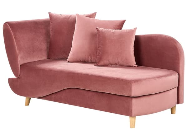 Chaiselong Lyserød Velour Lyst Træben 2 Personers Blød Polstret Hjørnesofa Daybed med Opbevaring Stue Retro Rygpuder Tilbehør Inspiration