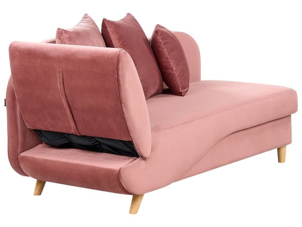 Chaiselong Lyserød Velour Lyst Træben 2 Personers Blød Polstret Hjørnesofa Daybed med Opbevaring Stue Retro Rygpuder Tilbehør Inspiration