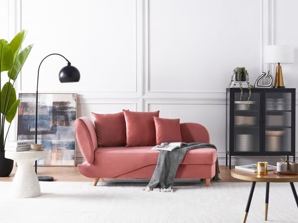 Chaiselong Lyserød Velour Lyst Træben 2 Personers Blød Polstret Hjørnesofa Daybed med Opbevaring Stue Retro Rygpuder Tilbehør Inspiration