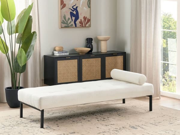 Daybed Hvid Boucle 180 x 70 cm 1 Personers Dagseng Chaiselong med Pølsepude til Stue og Soveværelse