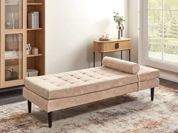 Daybed Beige Velour 180 x 70 cm 1 Personers Dagseng Chaiselong med Pølsepude til Stue og Soveværelse