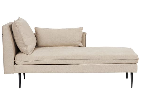 Divaani beige kangas verhoiltu puu rautajalat vasenkätinen vettähylkivä koristetyynyillä minimalistinen moderni tyyli