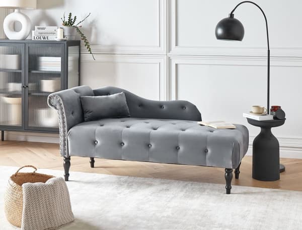 Chaiselong Grå Velour Daybed med Ryglæn Gæsteseng Multifunktionel Chaise Venstrevendt Sofa Moderne til Stuen
