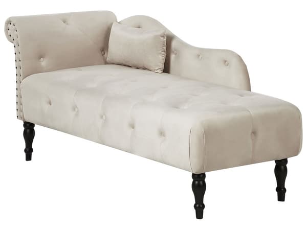 Schäslong Ljusbeige Sammet Knapptuftad Klädsel Vänster Med Dekorativ Kudde Retro Traditionell Stil Vardagsrum