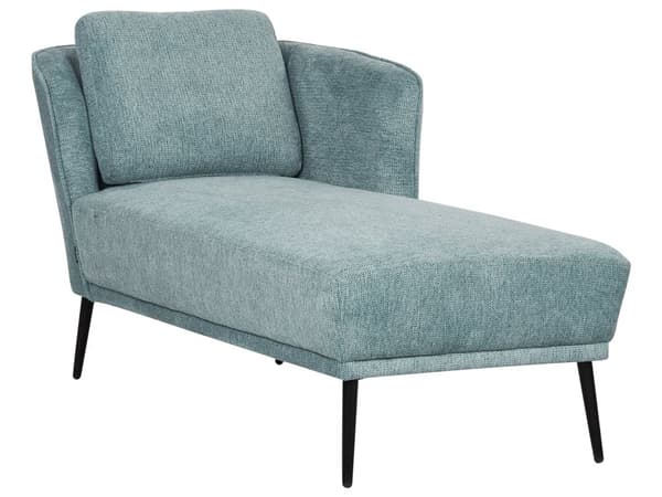 Venstrevendt blå polyester chaiselong med hynde i retrostil i stuen opholdsrum dagligstue