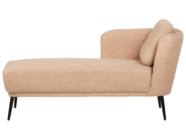 Divaani vaaleanruskea bukleekangas verhoiltu puu teräsjalat oikeakätinen koristetyynyllä retro tyyli