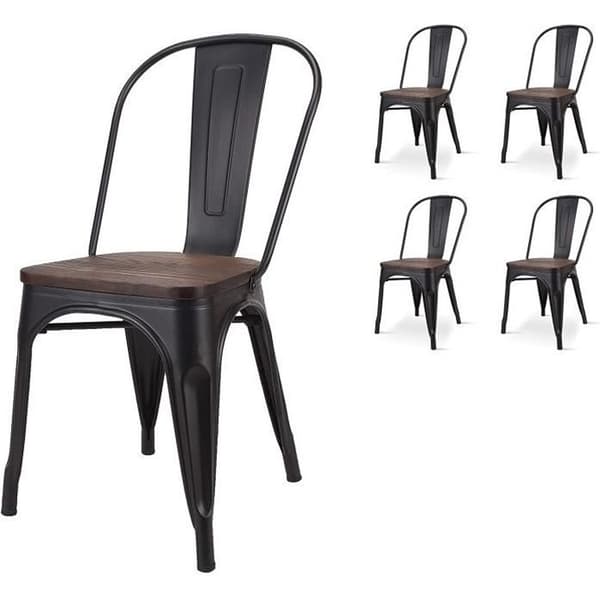 Kosmi Set med 4 svarta och trästolar industriell stil i mattsvart metall och mörk träröv,299