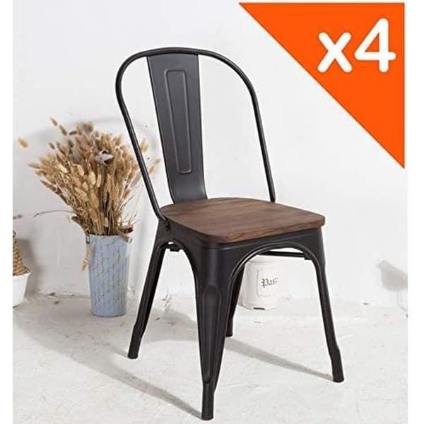KOSMI Set med 4 stolar i svart och trä Industriell fabriksstil i mattsvart metall och sits i mörkt trä