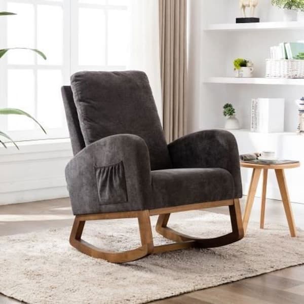 Modern gungstol, gungstol för barn, vadderad hög rygg, accent gungstol för vardagsrum, grå