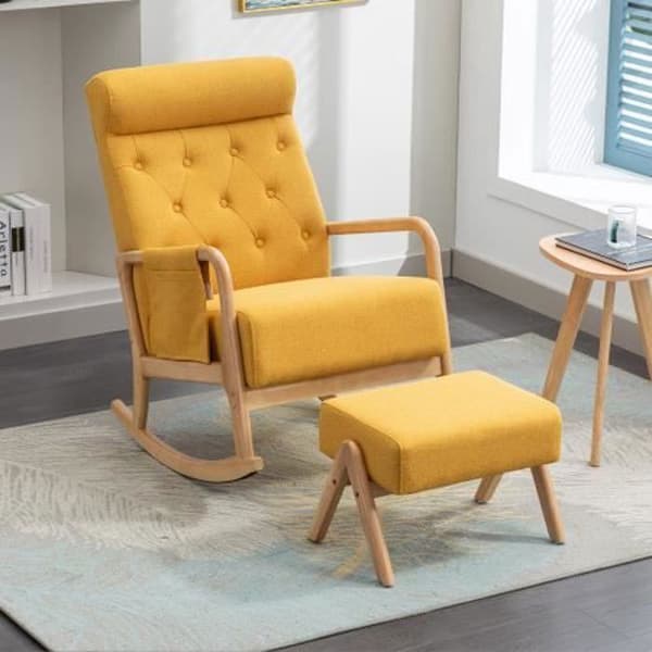 Stol, soffa, gungstol i trä, för vardagsrum Bekväm gungstol med ottoman, orange (med liten pall)