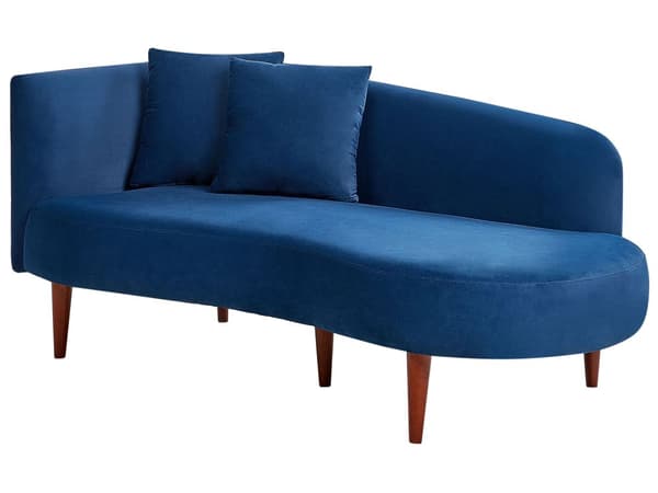 Chaiselong mørkeblå fløjl polyester polstring venstre hånd mørkt træ ben Ekstra pudepuder Moderne design Stue møbler