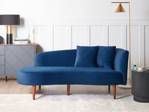 Schäslong Marinblå Sammet Polyester Klädsel Höger Mörka Träben Kuddar Modern Design Vardagsrumsmöbler