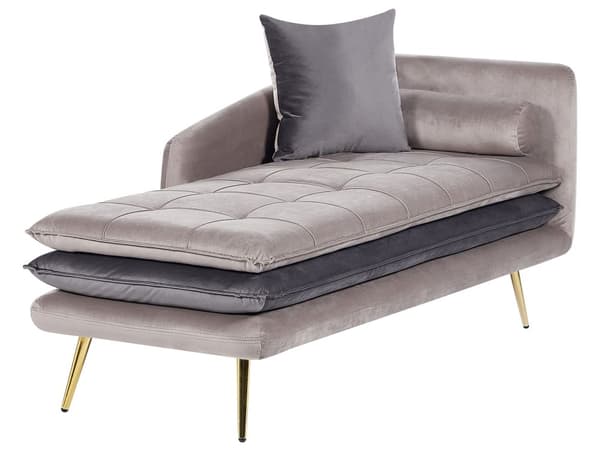 Chaiselong Beige Grå Velour Daybed med Ryglæn Guld Metalben Gæsteseng Quiltet Multifunktionel Chaise Venstrevendt Sofa Moderne til Stuen