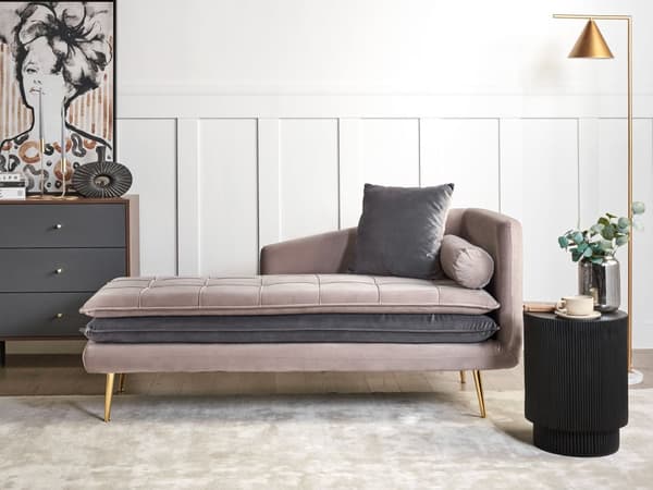 Chaiselong Beige Grå Velour Daybed med Ryglæn Guld Metalben Gæsteseng Quiltet Multifunktionel Chaise Venstrevendt Sofa Moderne til Stuen