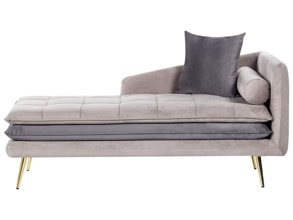 Chaiselong Beige Grå Velour Daybed med Ryglæn Guld Metalben Gæsteseng Quiltet Multifunktionel Chaise Venstrevendt Sofa Moderne til Stuen