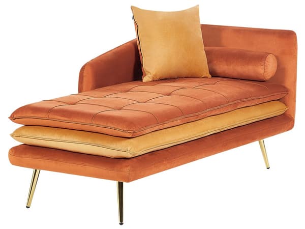 Chaiselong Orange Velour Daybed med Ryglæn Guld Metalben Gæsteseng Quiltet Multifunktionel Chaise Venstrevendt Sofa Moderne til Stuen