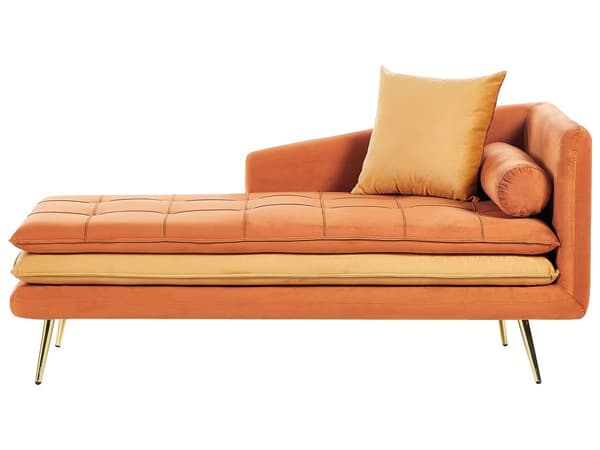 Chaiselong Orange Velour Daybed med Ryglæn Guld Metalben Gæsteseng Quiltet Multifunktionel Chaise Venstrevendt Sofa Moderne til Stuen