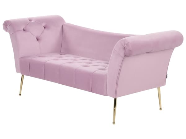 Chaiselong Lys Violet Velour Guld Metalben Quiltet Tuftet Polstring Vendbar Daybed Sofa Stue Inspiration Retro Moderne Tilbehør Glamour