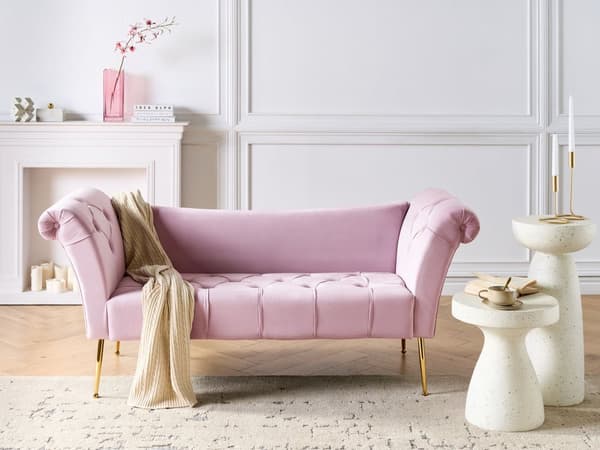 Chaiselong Lys Violet Velour Guld Metalben Quiltet Tuftet Polstring Vendbar Daybed Sofa Stue Inspiration Retro Moderne Tilbehør Glamour