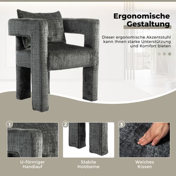 Chenille Single Lounge Chair, Matstol med ihåliga armstöd, Vardagsrum, Matsal, Sovrum, Grå