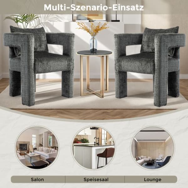 Chenille Single Lounge Chair, Matstol med ihåliga armstöd, Vardagsrum, Matsal, Sovrum, Grå