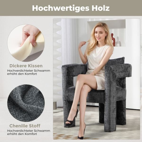 Chenille Single Lounge Chair, Matstol med ihåliga armstöd, Vardagsrum, Matsal, Sovrum, Grå