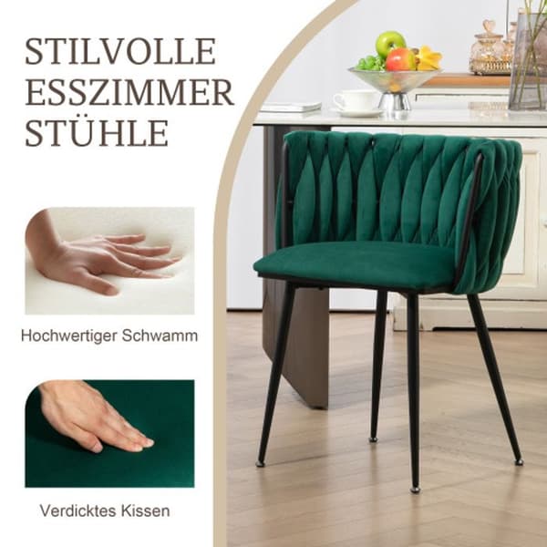 Sammetsmatsalsstolar med guldmetallben, handvävd design och mjuka kuddar, grön (set med 2)