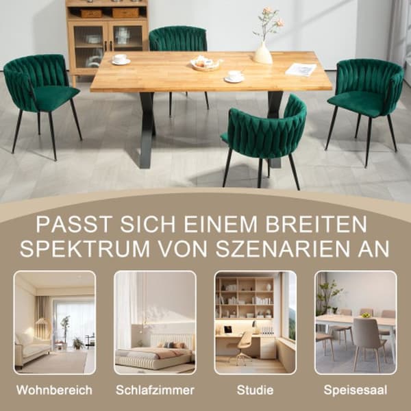 Sammetsmatsalsstolar med guldmetallben, handvävd design och mjuka kuddar, grön (set med 2)