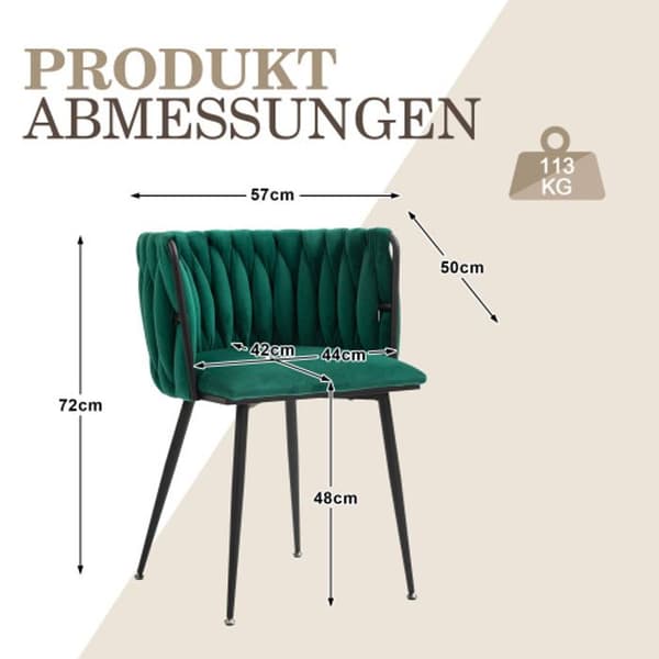 Sammetsmatsalsstolar med guldmetallben, handvävd design och mjuka kuddar, grön (set med 2)