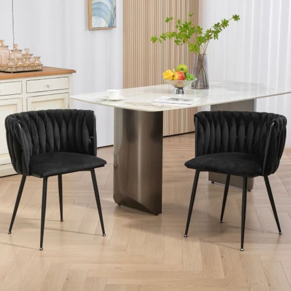 Sammetsmatsalsstolar med guldmetallben, handvävd design och mjuka kuddar, svart (uppsättning om 2)