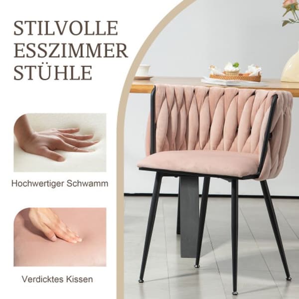 Sammetsmatsalsstolar med guldmetallben, handvävd design och mjuka kuddar, rosa (set med 2)