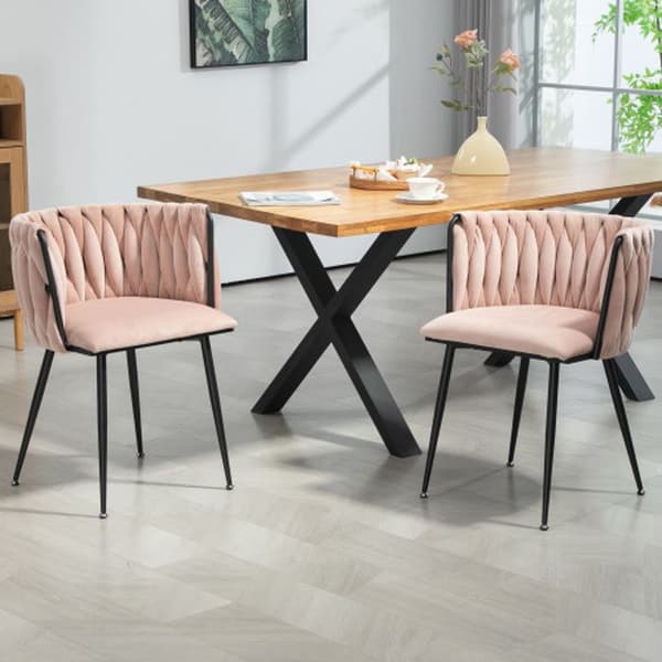 Sammetsmatsalsstolar med guldmetallben, handvävd design och mjuka kuddar, rosa (set med 2)