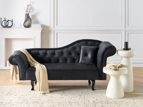 Schäslong Svart Sammet Knapptuftad Klädsel Höger med Kudde Retro Traditionell Stil Lättskätt Husdjursvänlig