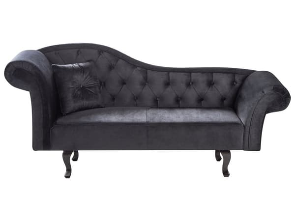 Chaiselong Sort Velour og Sorte Træben 188 x 87 x 59 cm Sofa Daybed Polstret Knap Ryg Tuftet Chesterfield Mønster Klassisk Vintage Design