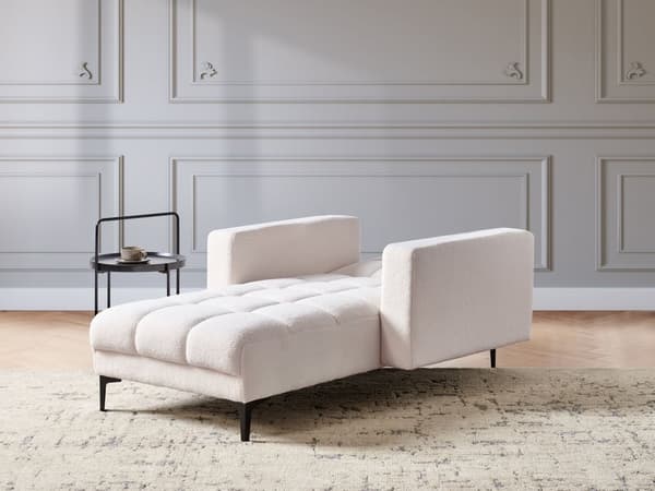 Schäslong Vit Bouclé Tuftad Fällbart Ryggstöd med 3 Lägen Glamourös Design Vardagsrum
