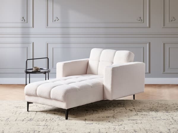 Schäslong Vit Bouclé Tuftad Fällbart Ryggstöd med 3 Lägen Glamourös Design Vardagsrum