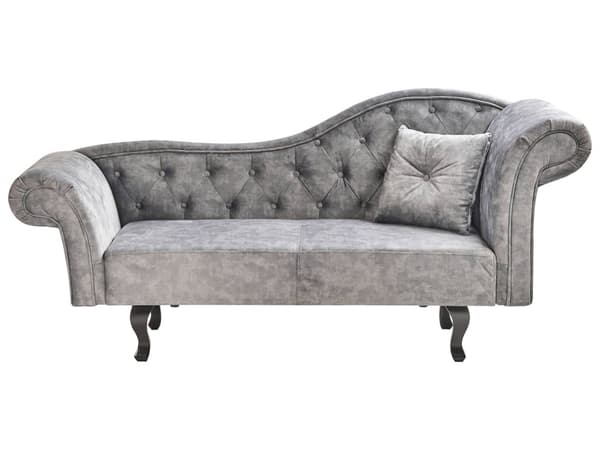 Chaiselong Grå Velour og Sorte Træben 188 x 87 x 59 cm Sofa Daybed Polstret Knap Ryg Tuftet Chesterfield Mønster Klassisk Vintage Design