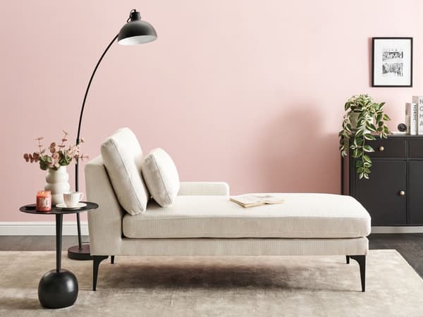 Schäslong Vänster Ljusbeige Tyg Vattenbeständig Klädsel Metallben med kuddar