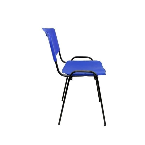 Paket med 4 konfidentiella, ergonomiska, stapelbara multifunktionsstolar med svart struktur. sits och ryggstöd i blå PVC.